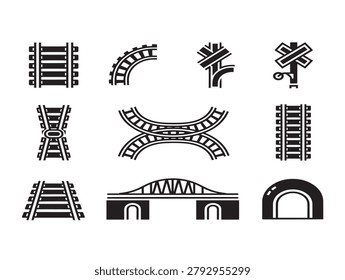 Train Tracks and Railway Infrastructure Vector Line Art Icon Set