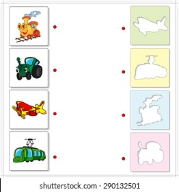 Train, tractor, airplane and tram. Educational game for kids. Choose the correct silhouettes on the opposite side and connect the points