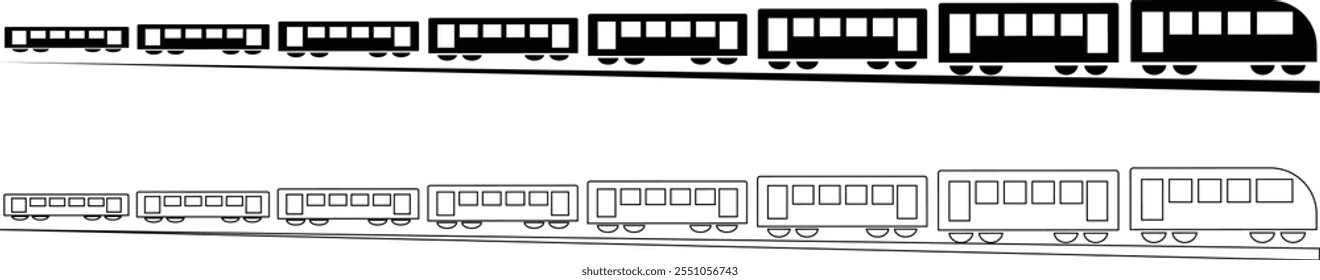 Train and tram railroad central station icon. Public Transportation black flat and line vector collection isolated on transparent background. Railway freight station sign and symbol for transport.