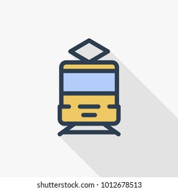 train, tram, rails transport thin line flat icon. Linear vector illustration. Pictogram isolated on white background. Colorful long shadow design.