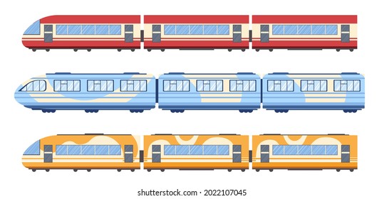 Train, Tram and Subway Wagons Side View, Metro Locomotive on Rails, Isolated Modern Commuter City Transport, Railway Vehicle Modes Contemporary Design, Urban Express Train. Cartoon Vector Illustration