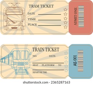 Entradas en tren y tranvía de color rojo y azul retro