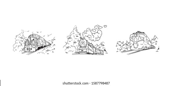Train transport machine outline drawing set vector illustration. Hand drawn railroad vehicle with wagons vintage cartoon sketch collection. Authentic and original locomotive black and white traveling.