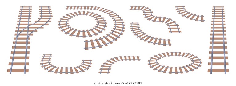 partes de transporte ferroviario y detalles de las vías ferroviarias. Elementos de conexión para el transporte y la conducción de locomotoras. Caricaturas planas, ilustración vectorial