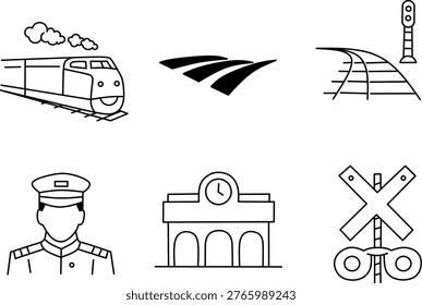Train Transport Set icons. Amtrak Day railway collection line art style