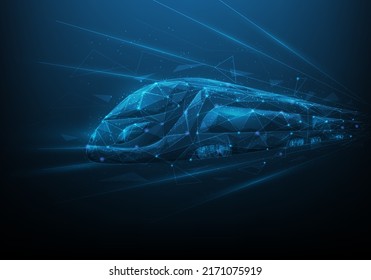 train transport technology low poly wireframe. isolated on blue dark background. high speed train in the future. vector illustration digital design. transportation and logistics digital.