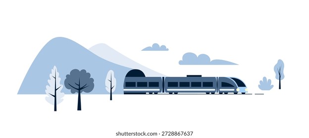 Train transport vector illustration. High speed express railway in mountain landscape. Modern flat design for travel, commute, and mobility concepts