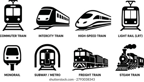Train Transportation Icon Set, Railway and Public Transit Symbol Collection, 
