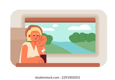 Train travel 2D vector isolated spot illustration. Traveller passenger sitting near window with hot drink flat character on cartoon background. Colorful editable scene for website landing, mobile app