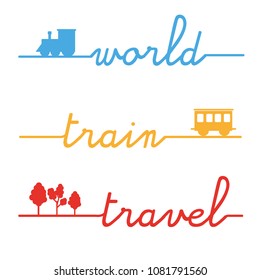 train travel artwork vector illustration with designed train and han made script written in light blue yellow and red colors 