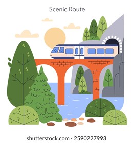 Train travel captures the joy of exploration through picturesque landscapes. The scene features a train crossing an elegant bridge, surrounded by lush greenery and a serene river. This journey