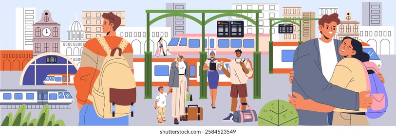 Train Travel concept. A bustling train station scene filled with diverse travelers, capturing moments of arrival and departure. Families, friends, and staff interact while surrounded by modern trains