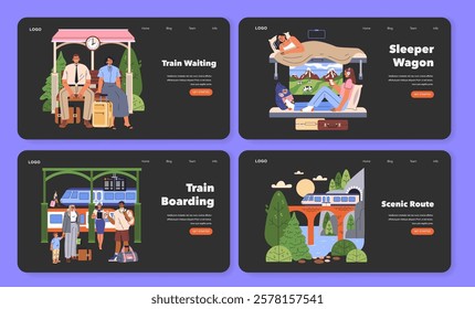 Train Travel concept. Engaging illustration capturing the experience of train travel from waiting at the station to boarding and enjoying scenic routes. Showcases passengers relaxing in sleeper wagons