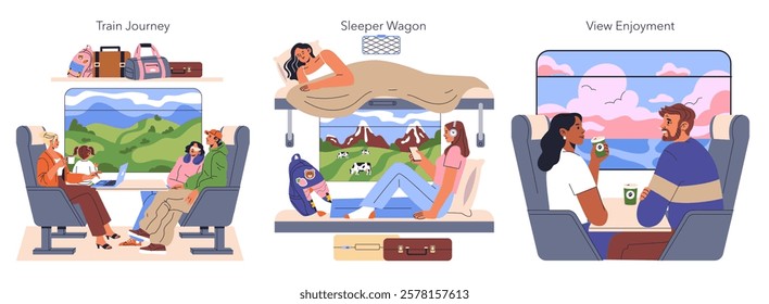 Train Travel concept. Enjoyment and adventure of traveling by train. Different aspects including social interaction, relaxing in sleeper wagons, and appreciating scenic views enhance the journey