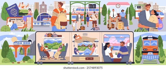 Train Travel concept. Journey with diverse travelers experiencing adventure and connection during their train rides. From purchasing tickets to enjoying scenic views, this illustration captures the