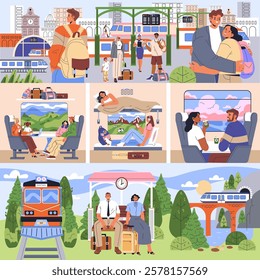 Train Travel concept. A journey experience through train stations, scenic routes, and social interactions. Encounters at platforms, relaxing on board, and enjoying beautiful landscapes. Vector