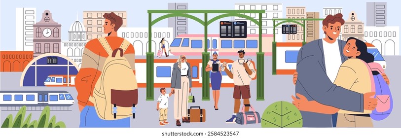 Train Travel concept. A lively illustration of a modern train station bustling with passengers. People embark on journeys, reconnect with loved ones, and enjoy the anticipation of travel. A glimpse of