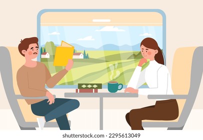 Train travel concept. Man and woman sit at window and look at fields. Adventure and tourism. Young guy with book and girl with hot drink. Summer vacation and holiday. Cartoon flat vector illustration