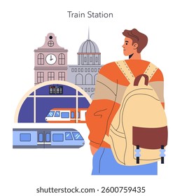 Train Travel concept. A scene portraying the bustling environment of a train station with a traveler in focus. The illustration features various trains and iconic station architecture, symbolizing
