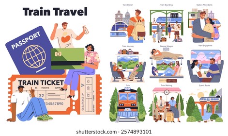 Train Travel concept. This illustration captures the joy and excitement of traveling by train, featuring stations, boarding scenes, and diverse passengers. Highlights include ticketing, scenic views