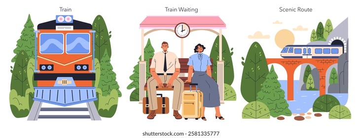 Train Travel concept. This illustration captures the essence of a train journey, highlighting a vibrant train, passengers waiting at a station, and a scenic route. It reflects the adventure and