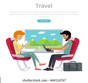 Train travel concept web banner. Railway comfort family journey vector illustration in flat style design. Young couple relaxing sitting in comfortable armchairs in express.