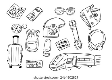 Conjunto de doodle de contorno de viaje de tren con artículos relacionados. Colección de dibujos esquemáticos aislados sobre fondo blanco. Pegatinas monocromas de contorno de vacaciones de verano