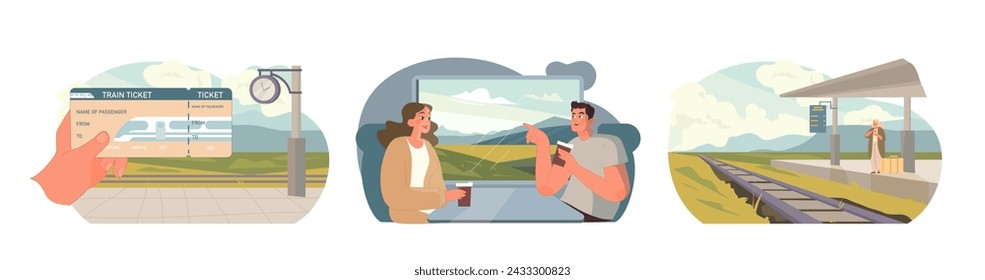 Train Travel Essentials. Hand holding ticket, solo traveler enjoying the view, waiting at a rural station. Captures essence of rail journeys.