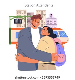 Train travel experience brings people together, fostering connections at stations. The scene captures a joyful reunion between station attendants, highlighting warmth and camaraderie amidst urban life