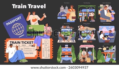 Train Travel illustration. The experience of traveling by train encompasses the essence of exploration and adventure. From boarding at a station to enjoying picturesque views, train journeys create
