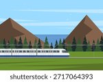 Train travel landscape concept. Summer landscape with train. Vector stock