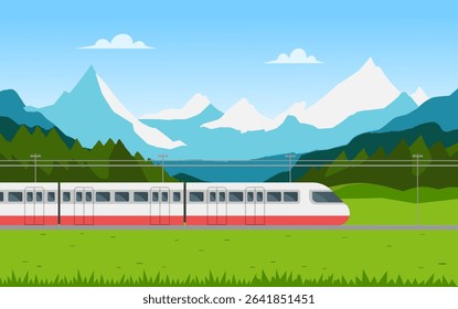 Train travel landscape concept. Summer landscape with train. Vector stock