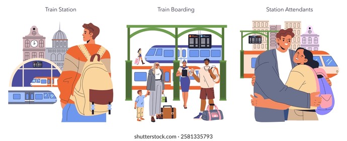 Train Travel set. Represents the experience of traveling by train with different scenes at a station. The illustration includes arrivals, departures, interactions, and the community around train