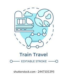 Train travel soft blue concept icon. Environmental trip. Public transport. Tourism trend. Train route. Round shape line illustration. Abstract idea. Graphic design. Easy to use in blog post