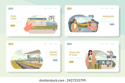 Conjunto de banners web de viaje de tren. Compra de boletos, diálogo con los pasajeros, espera tranquila, plataforma bulliciosa. Refleja el ciclo de vida del viaje en tren.