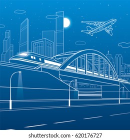 Train traveling along the railway bridge, highway. Urban infrastructure illustration, modern city on background, industrial architecture, towers and skyscrapers, airplane fly. Vector design art 