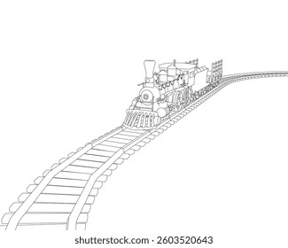 A train is traveling down a track. The train is black and white. The train is moving fast