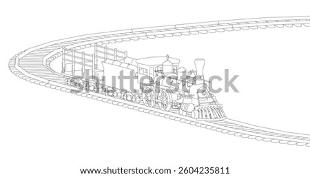 A train is traveling down a track. The train is black and white. The train is moving fast