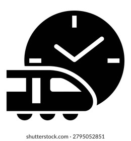 Train traveling in front of a large clock face quickly transportation and time concept icon
