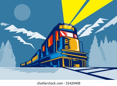 Train traveling with mountains in the background