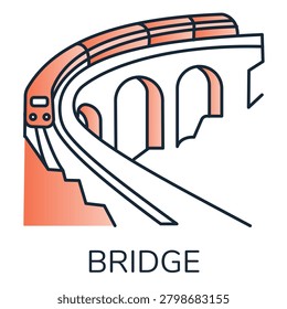 Train traveling on arched bridge line icon, Railway viaduct engineering structure outline
