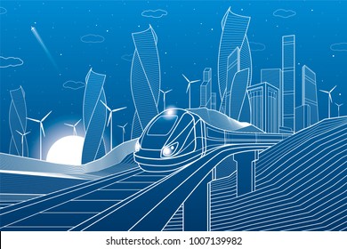 Train traveling on railroad bridge in mountains. Tower and skyscrapers, modern city, business buildings. Night scene. White lines on blue background. Windmills power. Vector design art