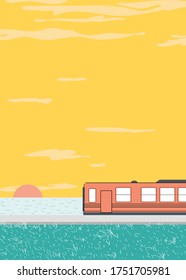 The train is traveling and the sunset view at sea