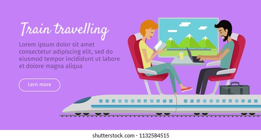 Train travelling conceptual web banner. Railway comfortable family journey. Young couple relaxing sitting in comfortable armchairs in express. Vector in flat style design