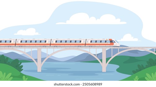 El tren viaja sobre un puente con hermosos paisajes. Viajes de larga distancia. Traslados interurbanos. Ilustración vectorial