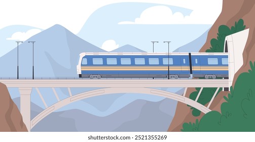 Der Zug fährt über eine Brücke mit schöner Landschaft. Langstreckenfahrt. Intercity-Transfers. Vektorgrafik