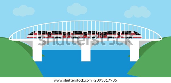 The train travels over the bridge over the
river. Vector illustration