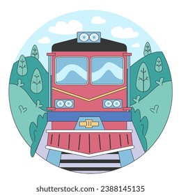 Train trip. Characters traveling by train. Passengers with luggage getting on train. Railway travel and tourism. Flat vector illustration