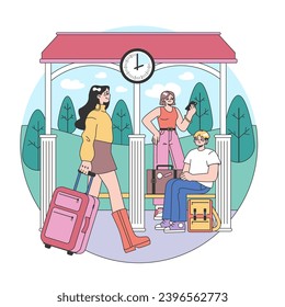 Train trip. Characters traveling by train. Passengers with luggage getting on train. Railway travel and tourism. Flat vector illustration