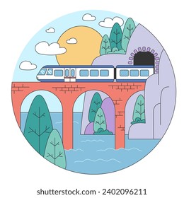 Train trip. Characters traveling by train. Passengers with luggage getting on train. Railway travel and tourism. Flat vector illustration